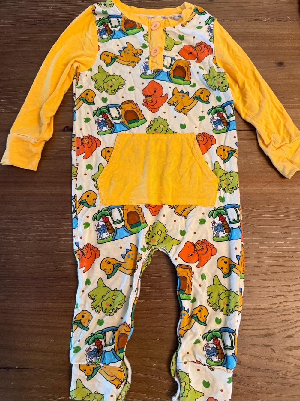 Gigis bamboo Yellow Dino Print baby One-Piece Romper